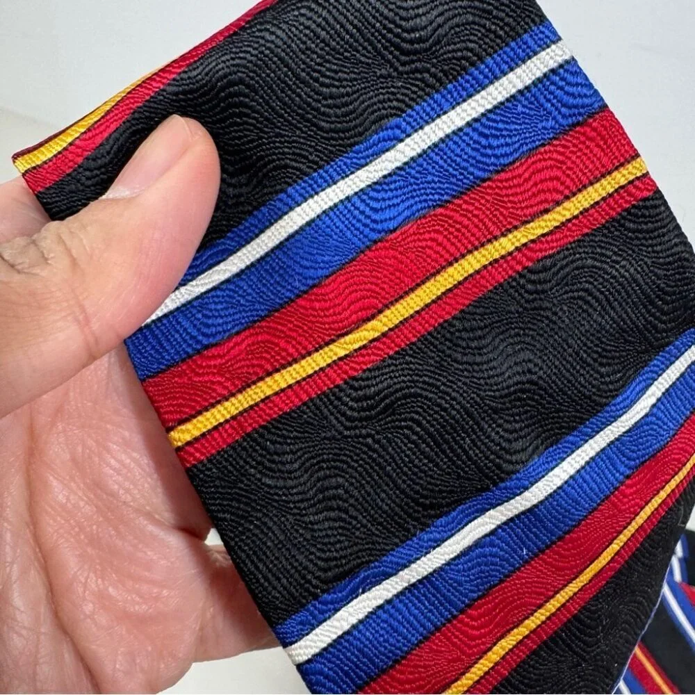 VTG Oscar de la Renta Striped Black Tie with Red and Blue Accents Textured